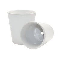 Two white ceramic cups on a white background. One image shows inside of flowerpot which is white and has a hole in the centre of the flowerpots bottom.