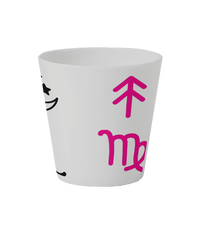 Rising symbol and Scorpio Star sign in pink on white flowerpot. Sun-moon-rising signs & symbols have a selection of three colours- pink, yellow and black. Customers personalise Cosmic Bloom Ceramic Pot with their sun-moon-rising signs. Sun-moon-rising signs are printed around the white Cosmic Bloom Ceramic Flowerpot