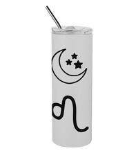 Moonbeam Tumbler in white with Leo star sign and Moon symbol in black on a white background