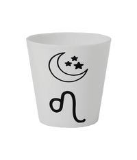 White cup with black moon and Leo star sign design on a white flowerpot. Sun-moon-rising signs & symbols have a selection of three colours- pink, yellow and black. Customers personalise Cosmic Bloom Ceramic Pot with their sun-moon-rising signs. Sun-moon-rising signs are printed around the white Cosmic Bloom Ceramic Flowerpot