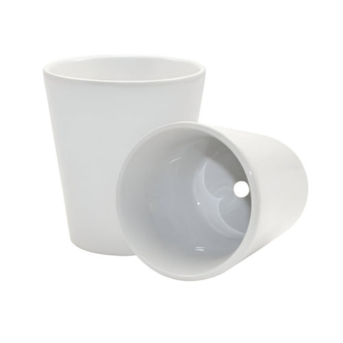 Two white ceramic cups on a white background. One image shows inside of flowerpot which is white and has a hole in the centre of the flowerpots bottom.