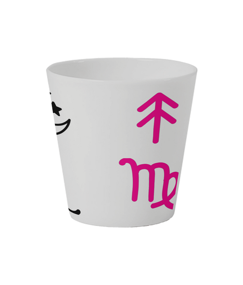 Rising symbol and Scorpio Star sign in pink on white flowerpot. Sun-moon-rising signs & symbols have a selection of three colours- pink, yellow and black. Customers personalise Cosmic Bloom Ceramic Pot with their sun-moon-rising signs. Sun-moon-rising signs are printed around the white Cosmic Bloom Ceramic Flowerpot
