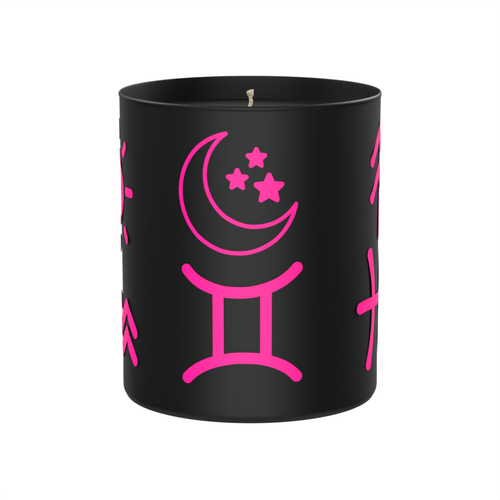 AstroAura Candle in black container with pink moon and pink Gemini star sign symbol. Customers can select sun-moon-rising symbols and star signs in pink, yellow or black is not suitable for this candle as the container is black. Candle can be personalised by customer with their sun-moon-rising signs.
