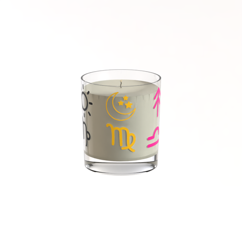 Glowdiac 200g clear candle with Jasmine, Tuberose and White Musk fragrance. Candle has black sun and Scorpio sign on the left side of clear container, a yellow moon and Capricorn sign at the centre of the clear candle container and a pink rising arrow and pink Libra sign to the right side of the clear container. Inside the container is a beige wax candle with one wick