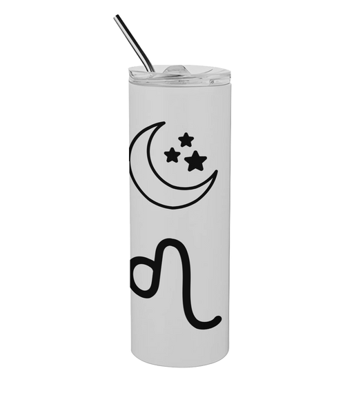 Moonbeam Tumbler in white with Leo star sign and Moon symbol in black on a white background