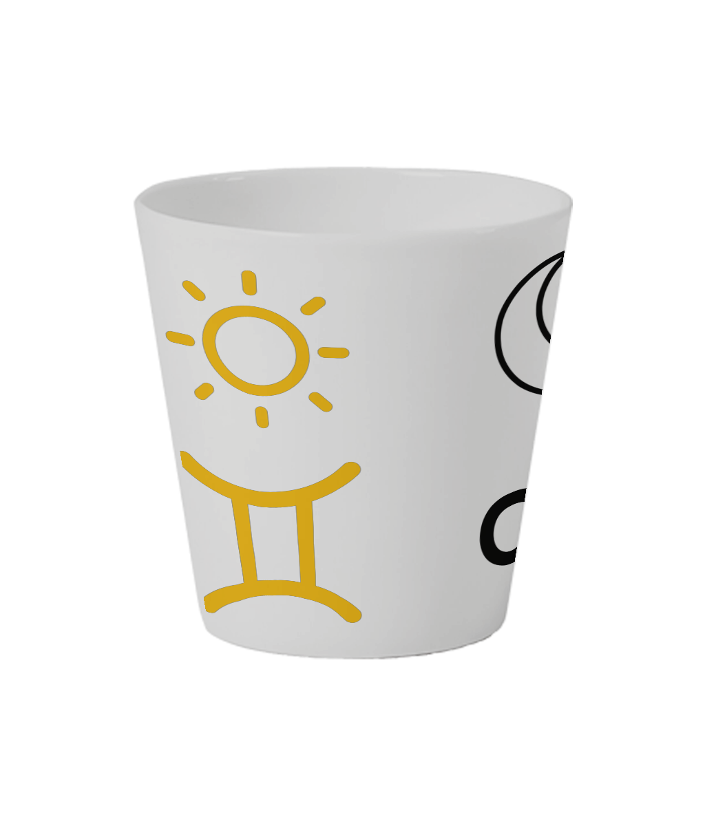 Left side of Cosmic Bloom Ceramic Flowerpot has yellow sun and Gemini star sign. Sun-moon-rising signs & symbols have a selection of three colours- pink, yellow and black. Customers personalise Cosmic Bloom Ceramic Pot with their sun-moon-rising signs. Sun-moon-rising signs are printed around the white Cosmic Bloom Ceramic Flowerpot