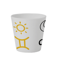 Left side of Cosmic Bloom Ceramic Flowerpot has yellow sun and Gemini star sign. Sun-moon-rising signs & symbols have a selection of three colours- pink, yellow and black. Customers personalise Cosmic Bloom Ceramic Pot with their sun-moon-rising signs. Sun-moon-rising signs are printed around the white Cosmic Bloom Ceramic Flowerpot