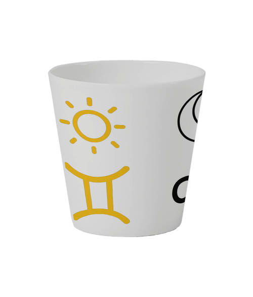 Left side of Cosmic Bloom Ceramic Flowerpot has yellow sun and Gemini star sign. Sun-moon-rising signs & symbols have a selection of three colours- pink, yellow and black. Customers personalise Cosmic Bloom Ceramic Pot with their sun-moon-rising signs. Sun-moon-rising signs are printed around the white Cosmic Bloom Ceramic Flowerpot
