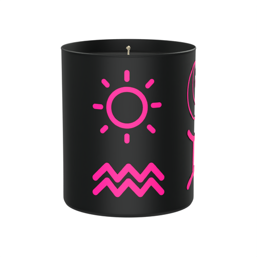 AstroAura Candle in black container with pink sun and pink Aquarius star sign symbol. Customers can select sun-moon-rising symbols and star signs in pink, yellow or black (black is not suitable for this candle as the container is black) Candle can be personalised by customer with their sun-moon-rising signs.