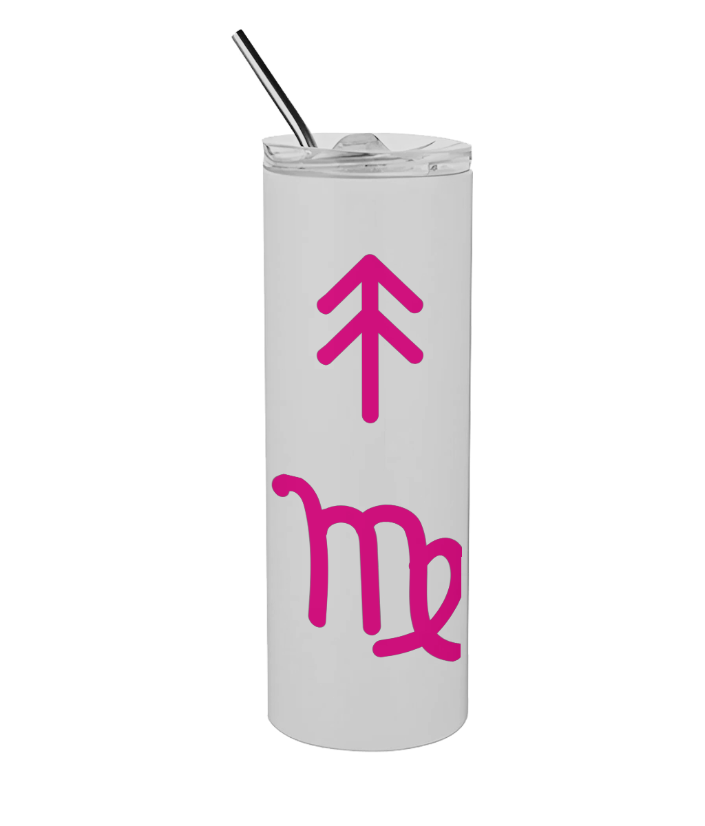 White tumbler with pink astrological symbol on a white background. Sun, moon, rising symbols go around the tumbler. Tumbler is turned to the right. Moonbeam Tumbler close up white stainless steel astrology drinkware. Moonbeam Tumbler with straw celestial drinkware for everyday use Moonbeam Tumbler lifestyle photo astrology inspired hydration bottle.