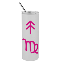 White tumbler with pink astrological symbol on a white background. Sun, moon, rising symbols go around the tumbler. Tumbler is turned to the right. Moonbeam Tumbler close up white stainless steel astrology drinkware. Moonbeam Tumbler with straw celestial drinkware for everyday use Moonbeam Tumbler lifestyle photo astrology inspired hydration bottle.