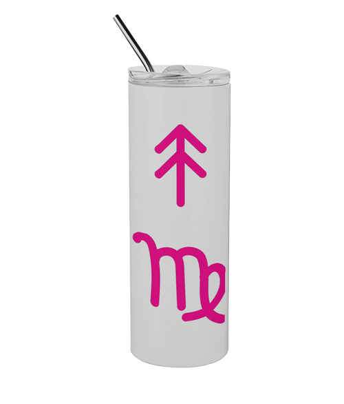 White tumbler with pink astrological symbol on a white background. Sun, moon, rising symbols go around the tumbler. Tumbler is turned to the right. Moonbeam Tumbler close up white stainless steel astrology drinkware. Moonbeam Tumbler with straw celestial drinkware for everyday use Moonbeam Tumbler lifestyle photo astrology inspired hydration bottle.
