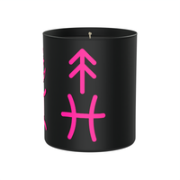 AstroAura Candle in black container with pink rising arrow and pink Pisces star sign symbol. Customers can select sun-moon-rising symbols and star signs in pink, yellow or black is not suitable for this candle as the container is black. Candle can be personalised by customer with their sun, moon, rising signs.