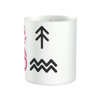 Sign & Scent 200g white candle with Fresh Marine, Sea Salt and Driftwood fragrance. Black rising symbol and Aquarius star sign symbol in black. Customers can personalise this candle by selecting their sun-moon-rising signs and symbols in a selection of three colours pink, yellow and black