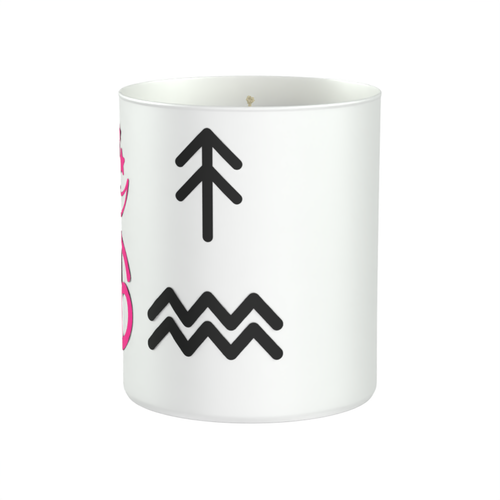 Sign & Scent 200g white candle with Fresh Marine, Sea Salt and Driftwood fragrance. Black rising symbol and Aquarius star sign symbol in black. Customers can personalise this candle by selecting their sun-moon-rising signs and symbols in a selection of three colours pink, yellow and black