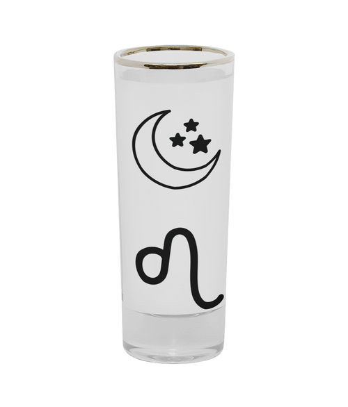 Wraparound sun, moon, rising shot glass. Star Sign Shot Glass Leo zodiac sign and moon symbol in black with  gold rim shot glass. Sun, moon, rising signs and symbols come in pink, yellow and black and can be personalised by the customer