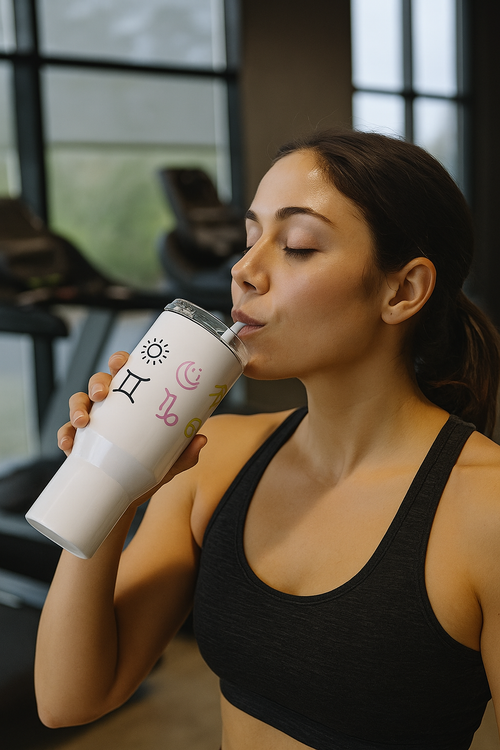 Woman drinking from a white tumbler with pink designs in a modern indoor setting