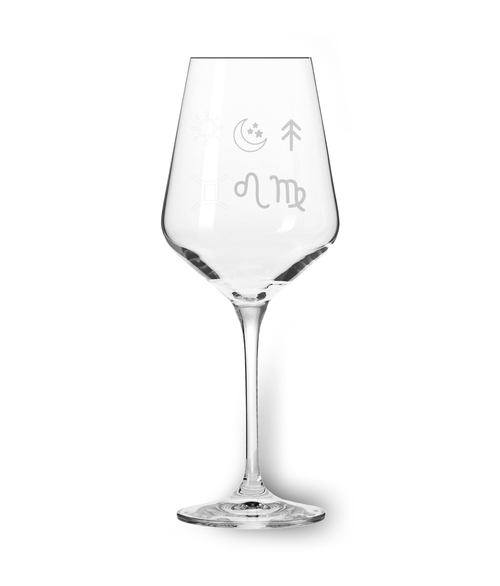 Front of wine glass have Moon-Rising-Sun sign and Leo, Scorpio and Aries signs & Symbols engraved in grey

