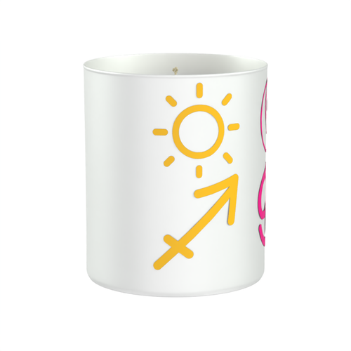 Sign & Scent 200g white candle with Fresh Marine, Sea Salt and Driftwood fragrance. Yellow sun symbol and Sagittarius star sign symbol in yellow. Customers can personalise this candle by selecting their sun-moon-rising signs and symbols in a selection of three colours pink, yellow and black